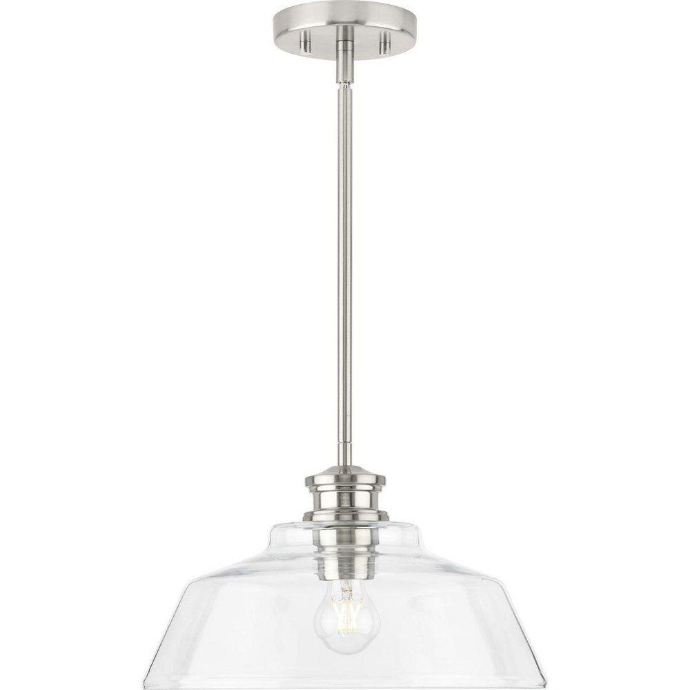 SINGLETON COLLECTION ONE-LIGHT 14 BRUSHED NICKEL FARMHOUSE MEDIUM PENDANT LIGHT WITH CLEAR GLASS SHADE 