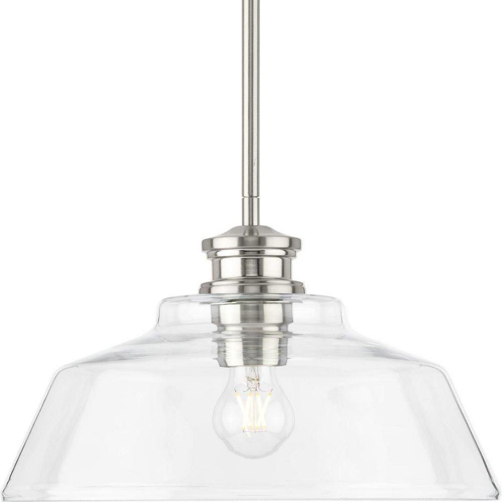 SINGLETON COLLECTION ONE-LIGHT 14 BRUSHED NICKEL FARMHOUSE MEDIUM PENDANT LIGHT WITH CLEAR GLASS SHADE 