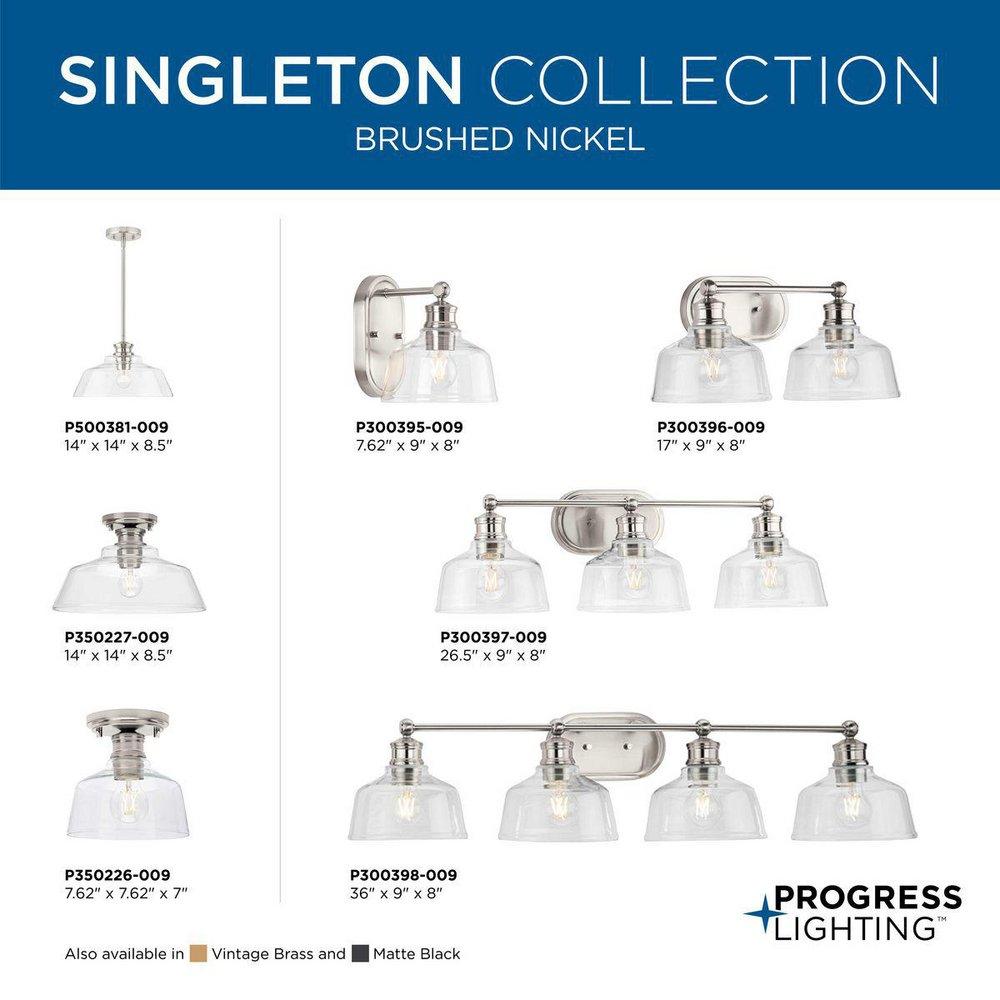 SINGLETON COLLECTION ONE-LIGHT 14 BRUSHED NICKEL FARMHOUSE MEDIUM PENDANT LIGHT WITH CLEAR GLASS SHADE 