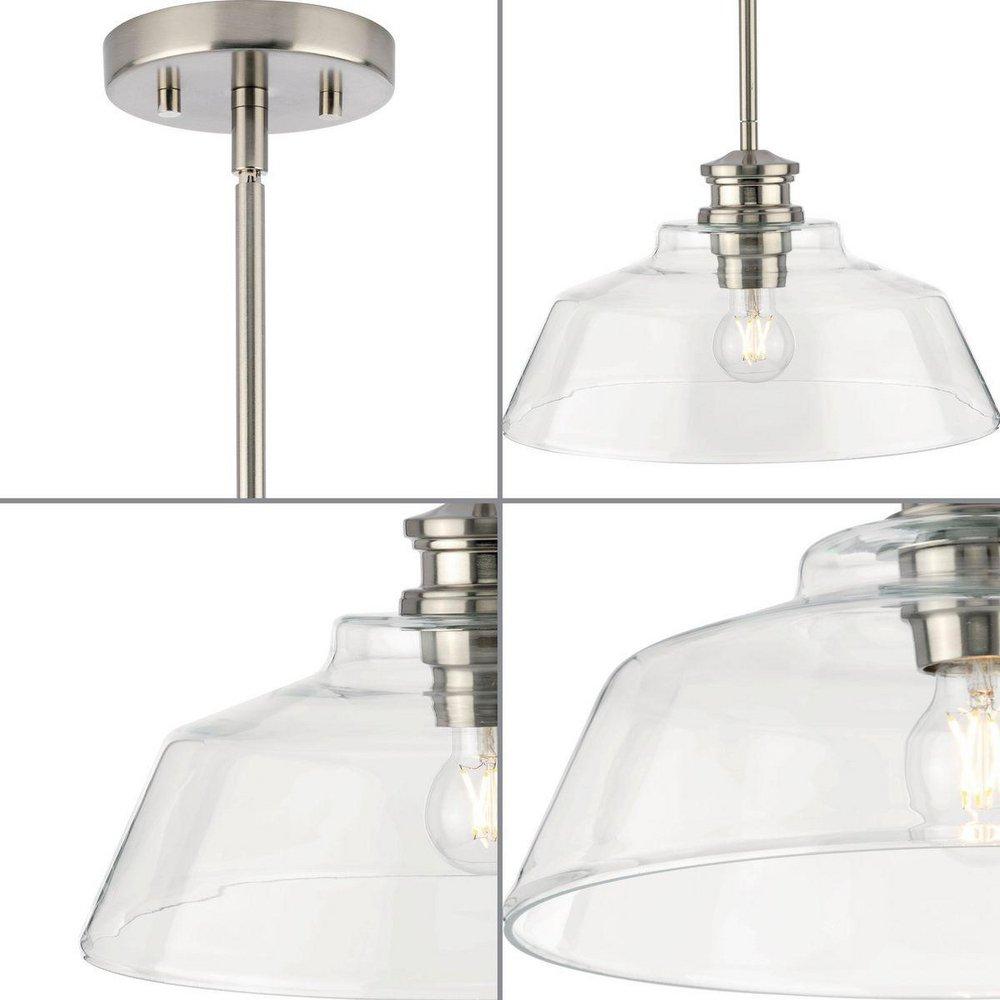 SINGLETON COLLECTION ONE-LIGHT 14 BRUSHED NICKEL FARMHOUSE MEDIUM PENDANT LIGHT WITH CLEAR GLASS SHADE 