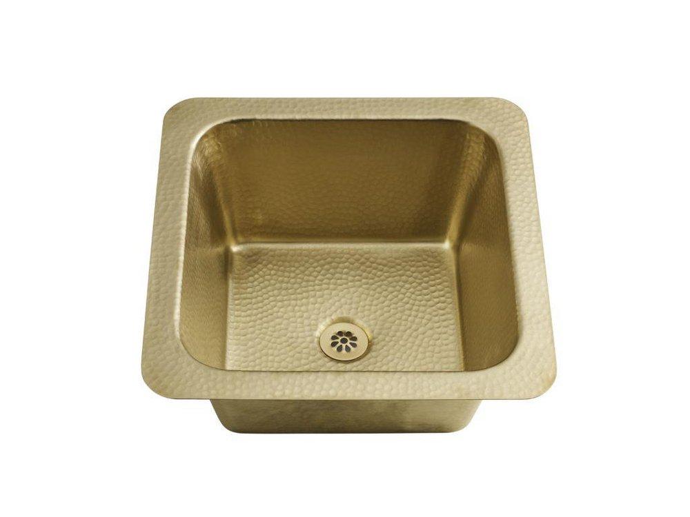 SQUARE DROP-IN OR UNDERMOUNT HAND HAMMERED SOLID BRASS BAR/PREP SINK WITH TAPERED WALLS, SATIN BRASS FINISH 