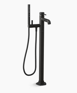 Two Handle Floor Mount Tub Filler with Hand Shower in Matte Black