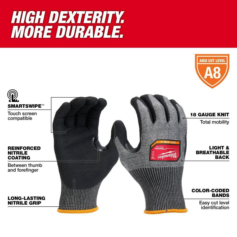 CUT LEVEL 8 HIGH-DEXTERITY NITRILE DIPPED GLOVES - XL 