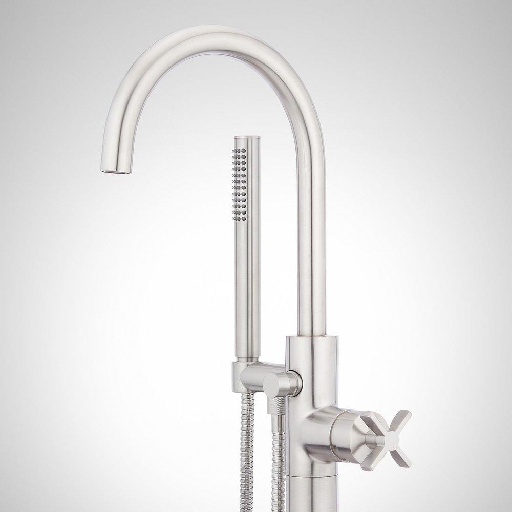 Signature Hardware Brushed Nickel Floor Mount Tub Filler Faucet with Hand Shower - Less Valve 