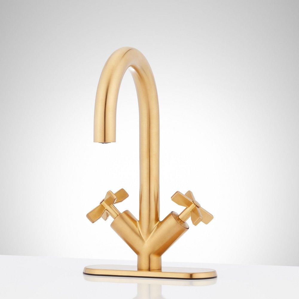 Signature Hardware Brushed Gold Two Handle Monoblock Bathroom Sink Faucet 