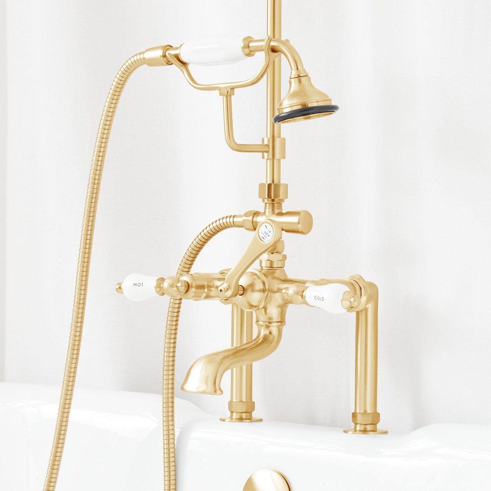 ENGLISH SIDE MOUNT CONVERSION KIT WITH HAND SHOWER 60 X 27 D STYLE SHOWER RING BRUSHED GOLD 