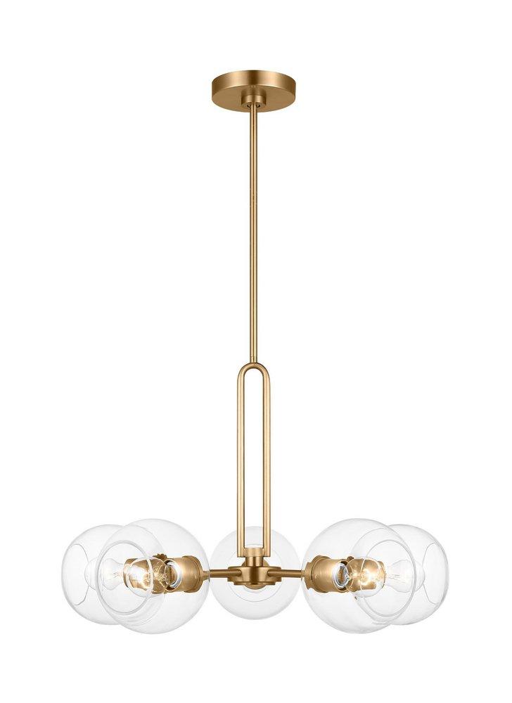 CODYN CONTEMPORARY 5-LIGHT INDOOR DIMMABLE MEDIUM CHANDELIER IN SATIN BRASS GOLD FINISH WITH CLEAR GLASS SHADES 