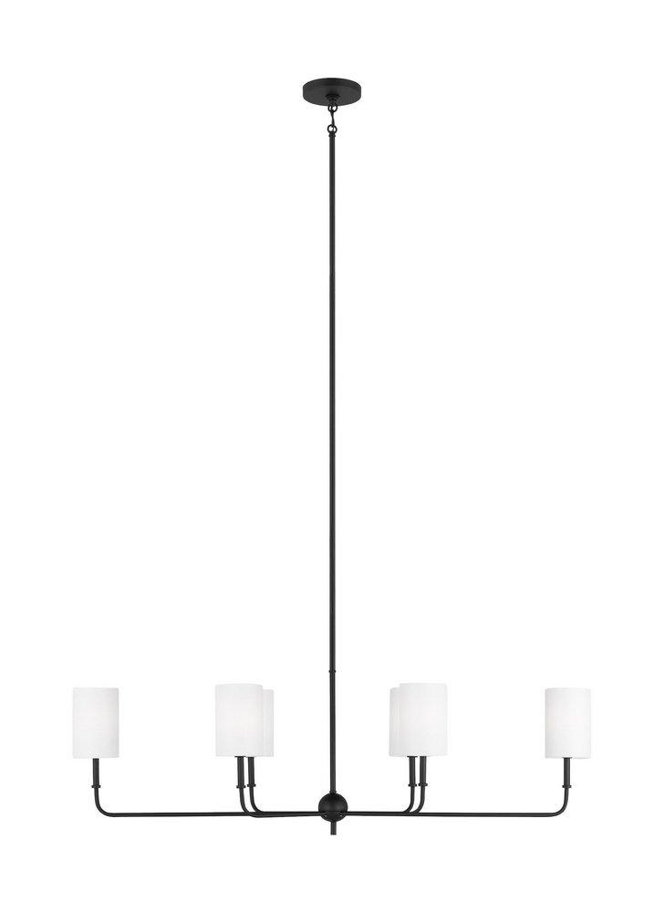 FOXDALE TRANSITIONAL 6-LIGHT INDOOR DIMMABLE LINEAR CHANDELIER IN MIDNIGHT BLACK FINISH WITH WHITE LINEN FABRIC SHADES 