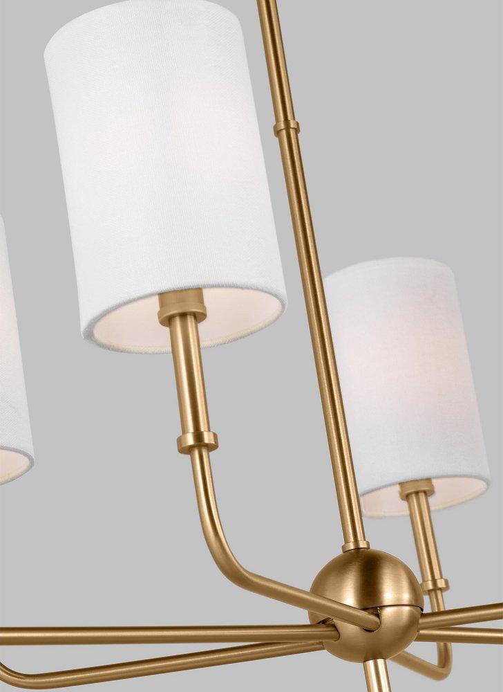 FOXDALE TRANSITIONAL 6-LIGHT INDOOR DIMMABLE LINEAR CHANDELIER IN SATIN BRASS GOLD FINISH WITH WHITE LINEN FABRIC SHADES 