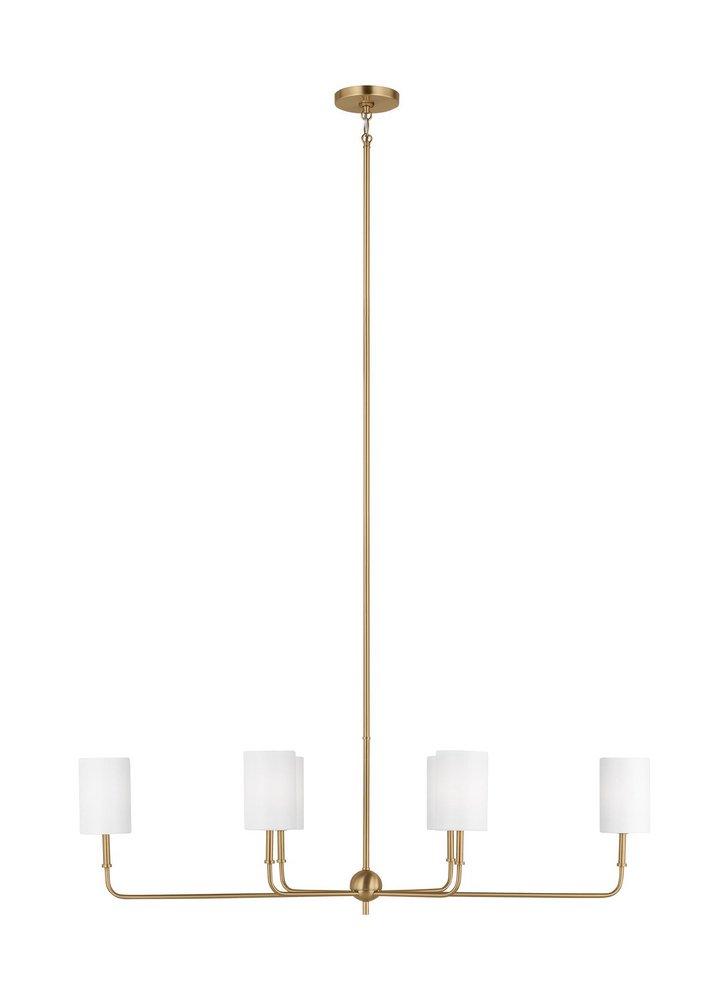 FOXDALE TRANSITIONAL 6-LIGHT INDOOR DIMMABLE LINEAR CHANDELIER IN SATIN BRASS GOLD FINISH WITH WHITE LINEN FABRIC SHADES 