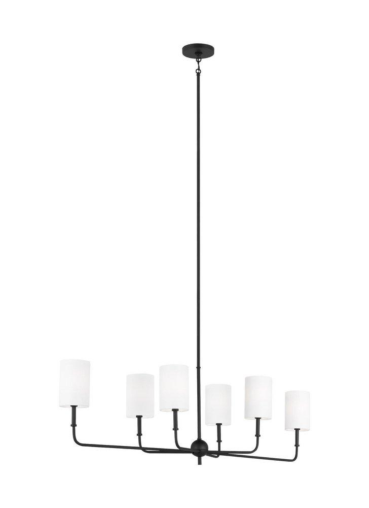 FOXDALE TRANSITIONAL 6-LIGHT LED INDOOR DIMMABLE LINEAR CHANDELIER IN MIDNIGHT BLACK FINISH WITH WHITE LINEN FABRIC SHADES 