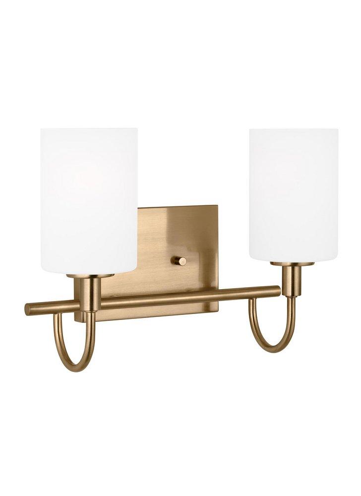 OAK MOORE TRADITIONAL 2-LIGHT LED INDOOR DIMMABLE BATH VANITY WALL SCONCE IN SATIN BRASS GOLD FINISH AND ETCHED WHITE GLASS SHADE 