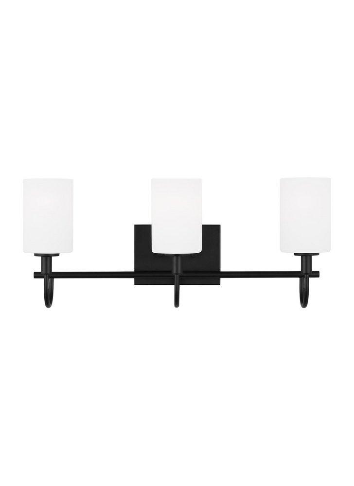 OAK MOORE TRADITIONAL 3-LIGHT INDOOR DIMMABLE BATH VANITY WALL SCONCE IN MIDNIGHT BLACK FINISH AND ETCHED WHITE GLASS SHADE 