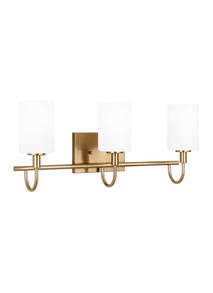 OAK MOORE TRADITIONAL 3-LIGHT INDOOR DIMMABLE BATH VANITY WALL SCONCE IN SATIN BRASS GOLD FINISH AND ETCHED WHITE GLASS SHADE 
