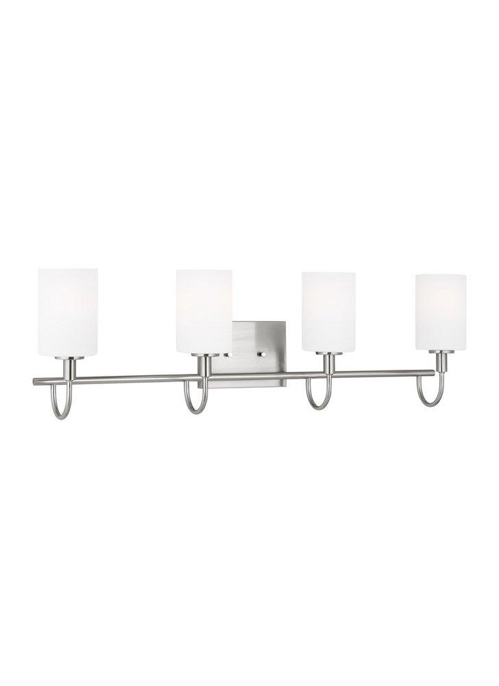 OAK MOORE TRADITIONAL 4-LIGHT LED INDOOR DIMMABLE BATH VANITY WALL SCONCE IN BRUSHED NICKEL SILVER FINISH AND ETCHED WHITE GLASS SHADE 