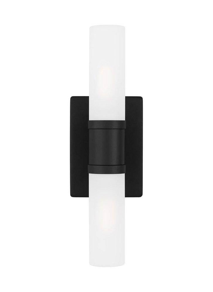 KEATON MODERN INDUSTRIAL 2-LIGHT INDOOR DIMMABLE SMALL BATH VANITY WALL SCONCE IN MIDNIGHT BLACK FINISH WITH SATIN ETCHED GLASS SHADE 