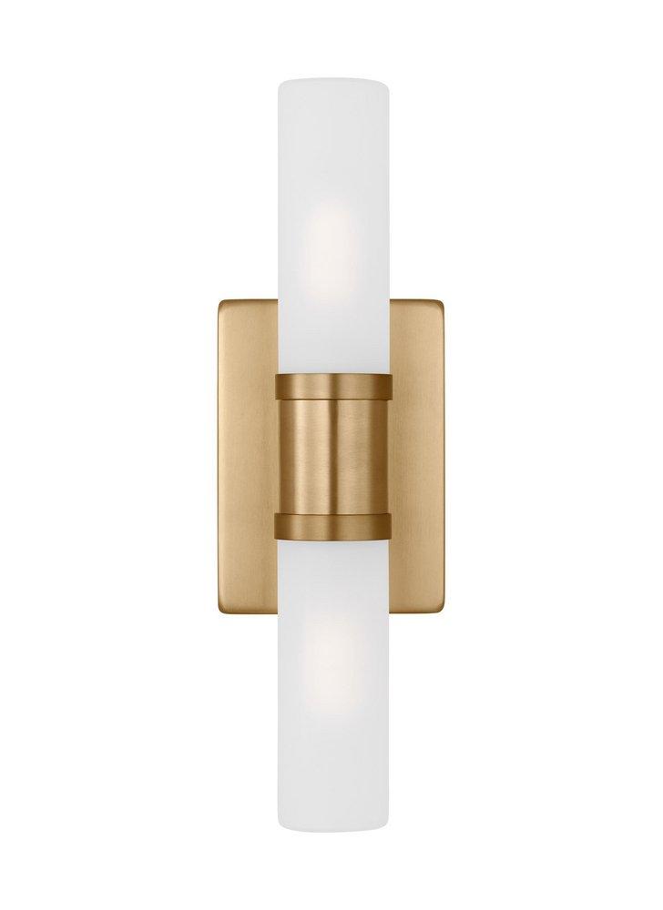 KEATON MODERN INDUSTRIAL 2-LIGHT INDOOR DIMMABLE SMALL BATH VANITY WALL SCONCE IN SATIN BRASS GOLD FINISH WITH SATIN ETCHED GLASS SHADE 