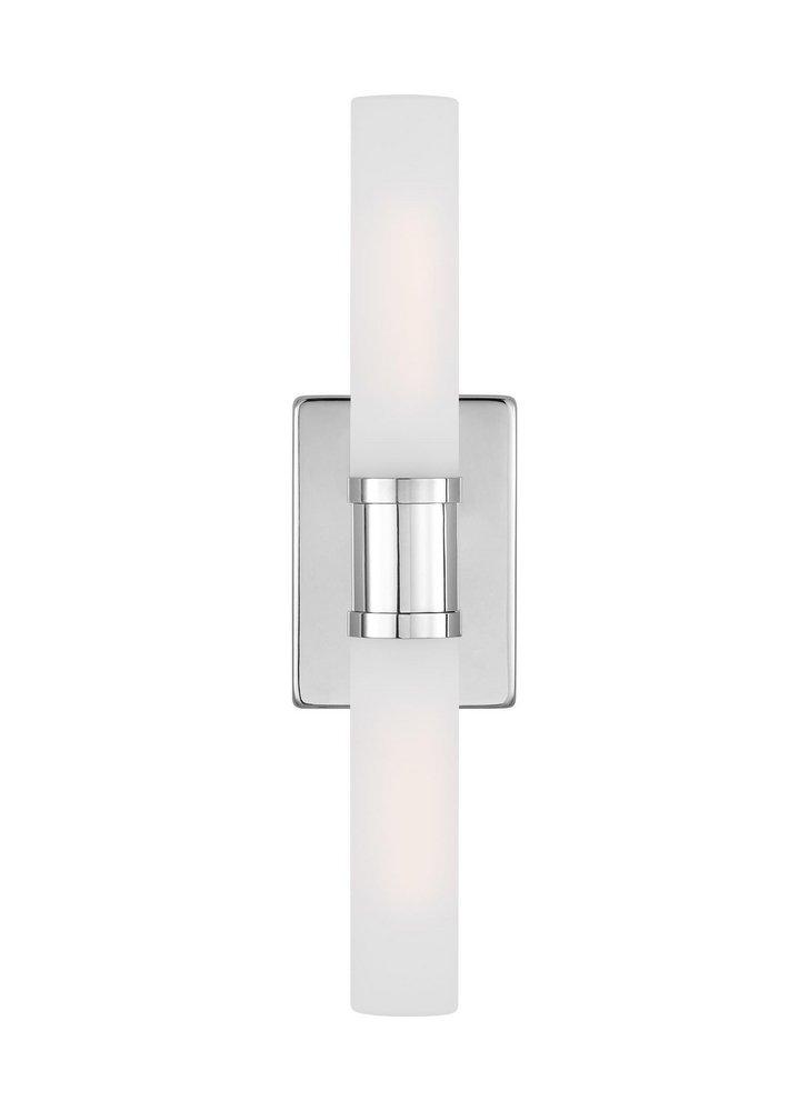KEATON MODERN INDUSTRIAL 2-LIGHT INDOOR DIMMABLE MEDIUM BATH VANITY WALL SCONCE IN CHROME FINISH WITH SATIN ETCHED GLASS SHADE 