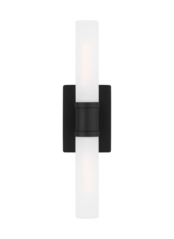 KEATON MODERN INDUSTRIAL 2-LIGHT INDOOR DIMMABLE MEDIUM BATH VANITY WALL SCONCE IN MIDNIGHT BLACK FINISH WITH SATIN ETCHED GLASS SHADE 