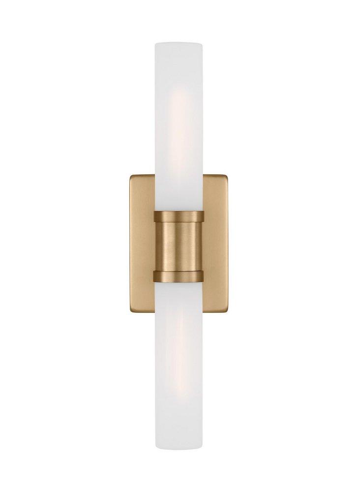 KEATON MODERN INDUSTRIAL 2-LIGHT INDOOR DIMMABLE MEDIUM BATH VANITY WALL SCONCE IN SATIN BRASS GOLD FINISH WITH SATIN ETCHED GLASS SHADE 
