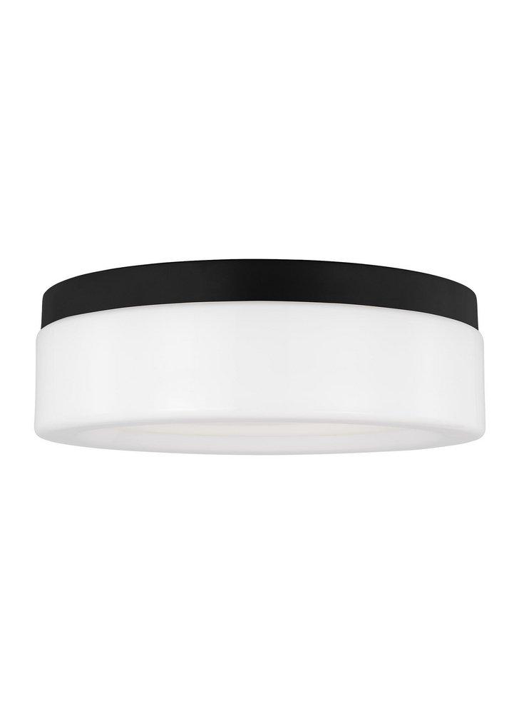 RHETT MODERN 1-LIGHT INDOOR DIMMABLE MEDIUM CEILING FLUSH MOUNT IN MIDNIGHT BLACK FINISH WITH CONCAVE WHITE MILK GLASS SHADE 