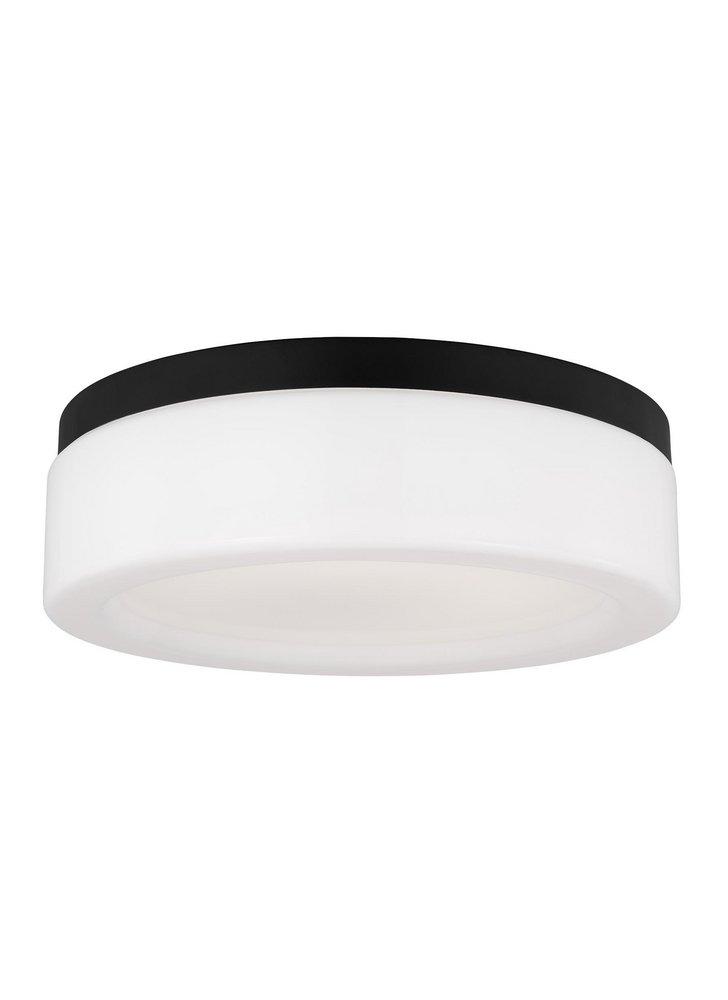 RHETT MODERN 1-LIGHT INDOOR DIMMABLE MEDIUM CEILING FLUSH MOUNT IN MIDNIGHT BLACK FINISH WITH CONCAVE WHITE MILK GLASS SHADE 