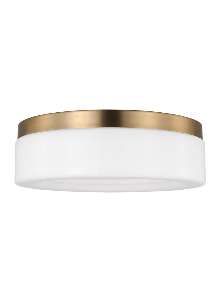 RHETT MODERN 1-LIGHT INDOOR DIMMABLE MEDIUM CEILING FLUSH MOUNT IN SATIN BRASS GOLD FINISH WITH CONCAVE WHITE MILK GLASS SHADE 