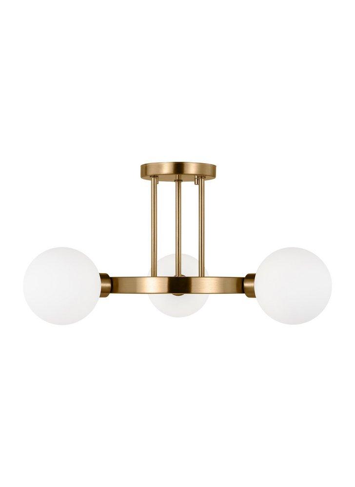 CLYBOURN MODERN 3-LIGHT INDOOR DIMMABLE SEMI-FLUSH CEILING MOUNT FIXTURE IN SATIN BRASS GOLD FINISH WITH WHITE MILK GLASS SHADE 