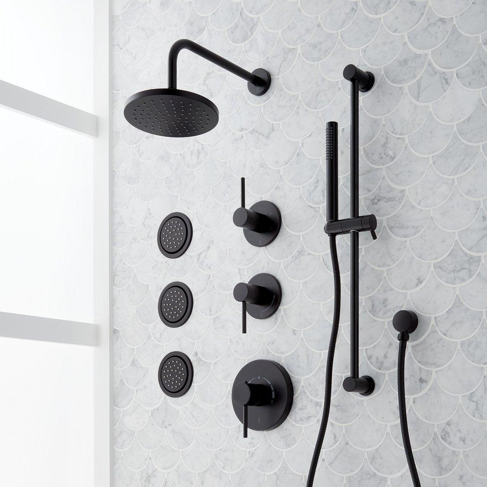 Three Handle Single Function Shower System Set in Matte Black - 3/4 in. Valves Included 