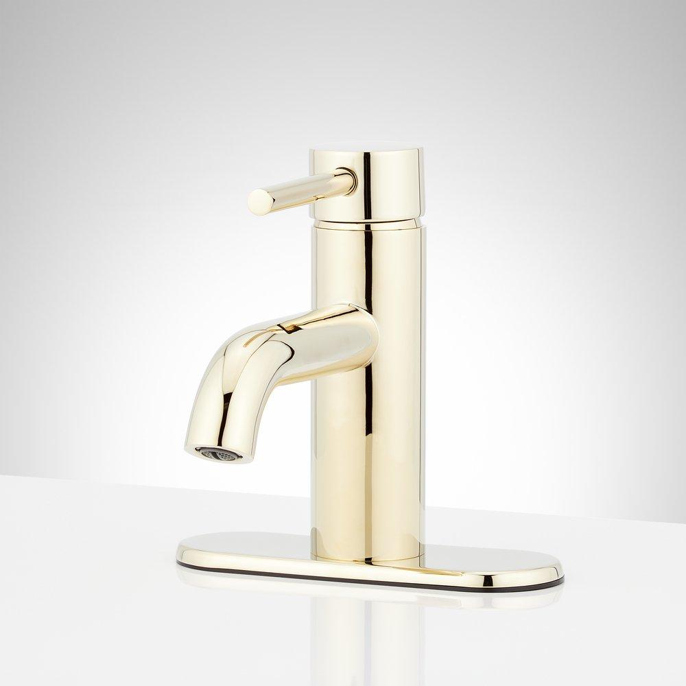 Single Handle Monoblock Bathroom Sink Faucet with Deck Plate in Polished Brass 
