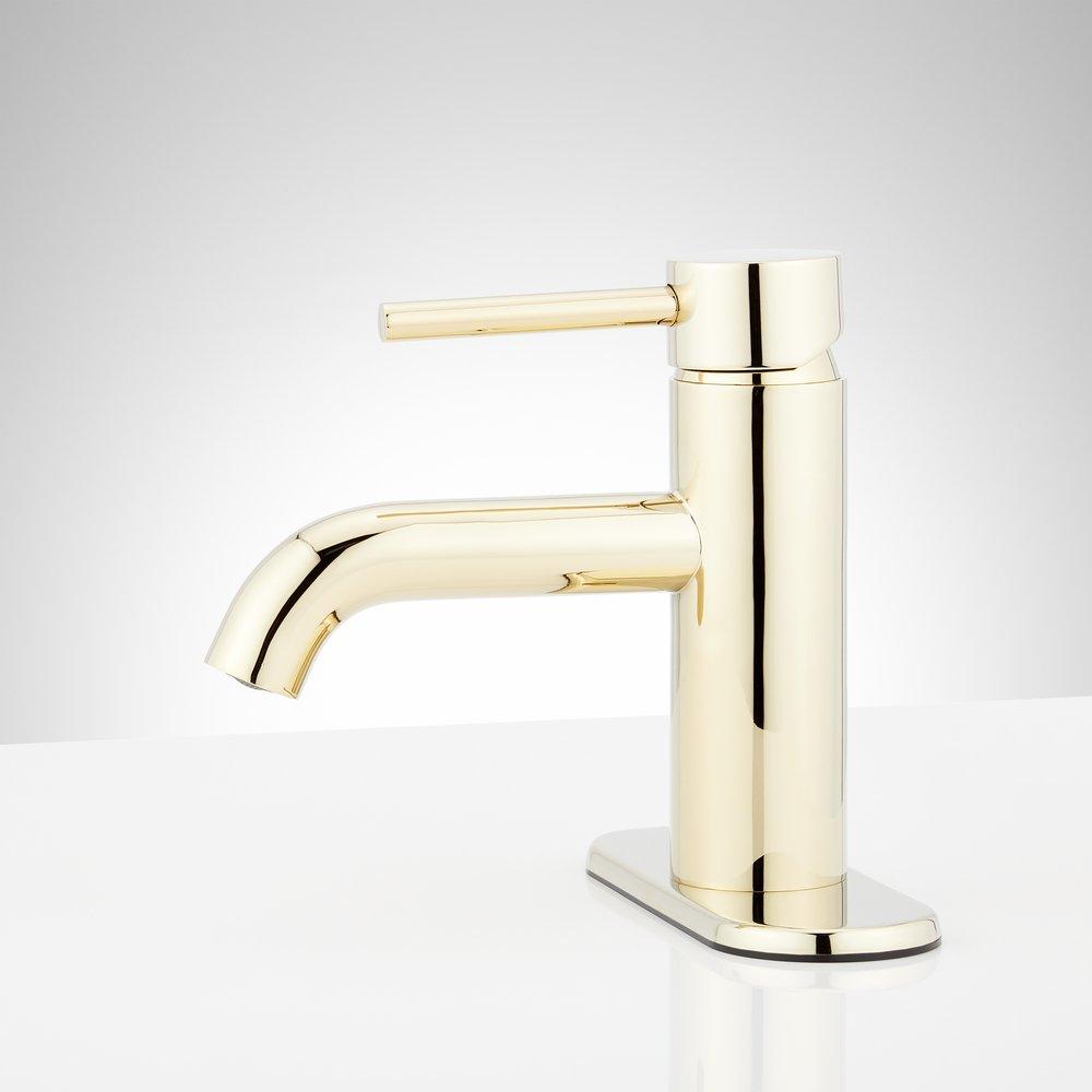 Single Handle Monoblock Bathroom Sink Faucet with Deck Plate in Polished Brass 