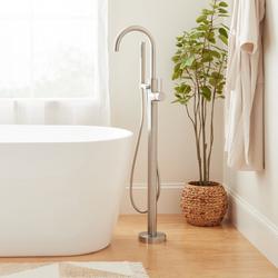 Single Handle Floor Mount Tub Filler with Hand Shower in Brushed Nickel