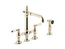 Two Handle Bridge Kitchen Faucet with Side Spray in Vibrant® French Gold