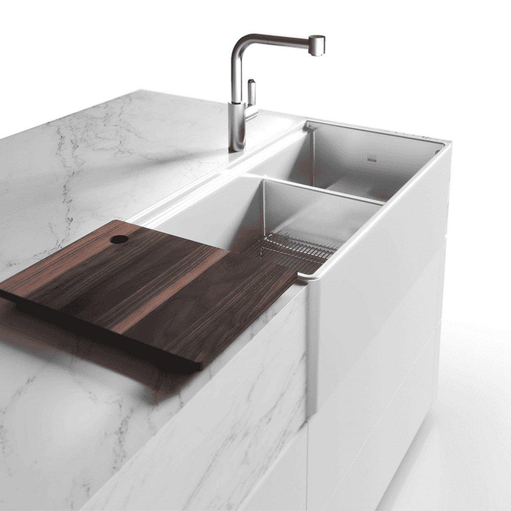 FIRA SINK W/ LEDGE UNDER. WHITE DOUBLE UNEQUAL 36X19X11-1/2 
