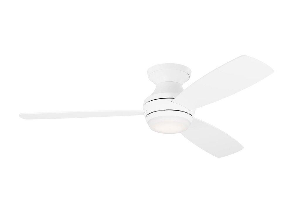 IKON 52" DIMMABLE INTEGRATED LED INDOOR MATTE WHITE HUGGER CEILING FAN WITH LIGHT KIT, REMOTE CONTROL AND MANUAL REVERSIBLE MOTOR 