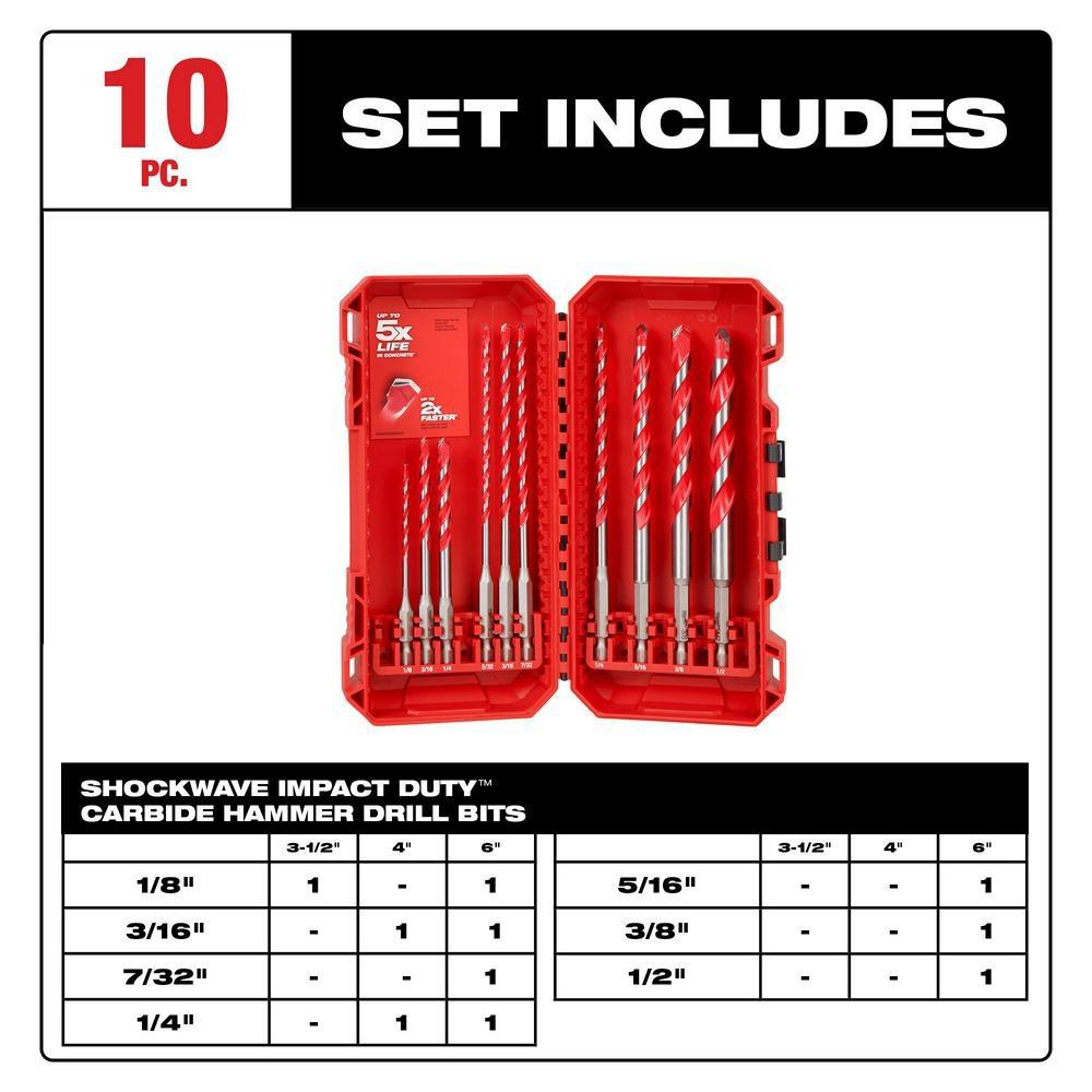 10PC SHOCKWAVE IMPACT DUTY CARBIDE HAMMER DRILL BIT KIT 