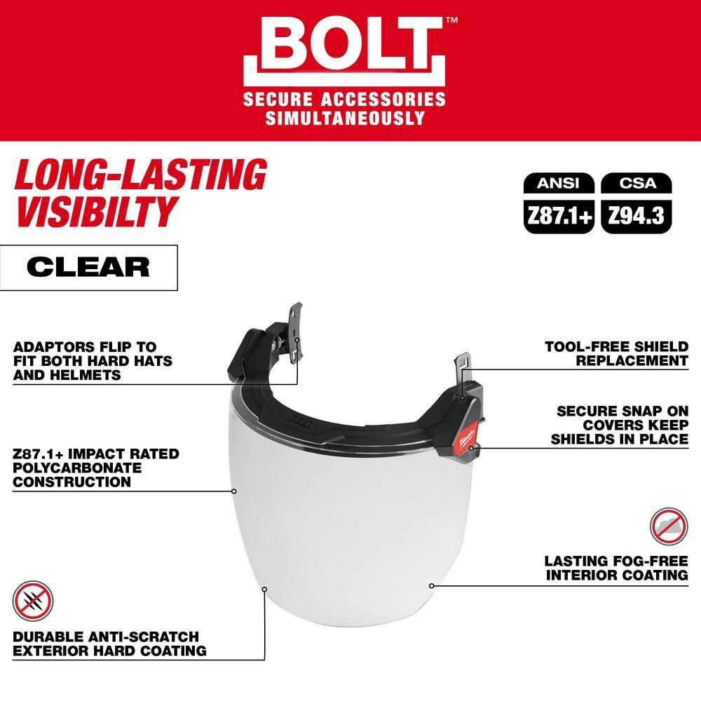 BOLT FULL FACE SHIELD - CLEAR DUAL COAT LENS COMPATIBLE WITH MILWAUKEE SAFETY HELMETS & HARD HATS 