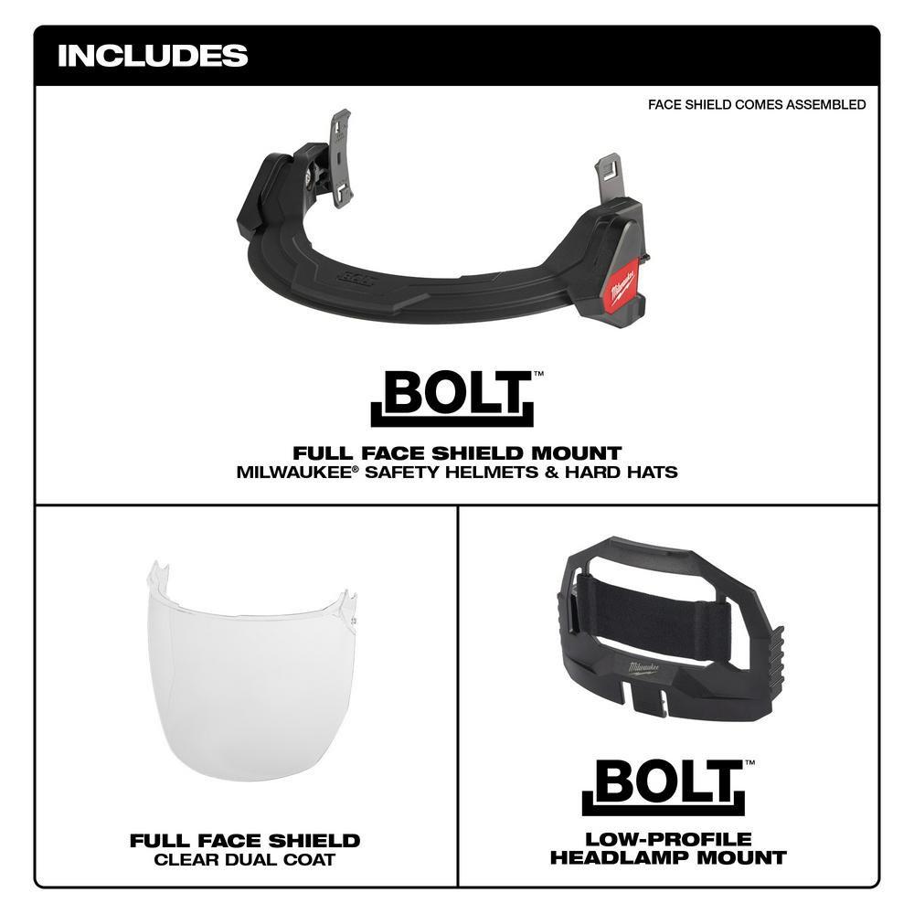 BOLT FULL FACE SHIELD - CLEAR DUAL COAT LENS COMPATIBLE WITH MILWAUKEE SAFETY HELMETS & HARD HATS 