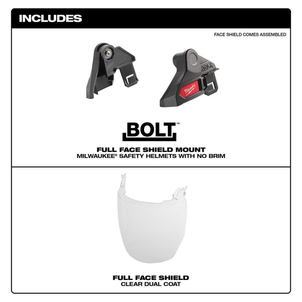 BOLT FULL FACE SHIELD - CLEAR DUAL COAT LENS COMPATIBLE WITH MILWAUKEE SAFETY HELMET NO BRIM 