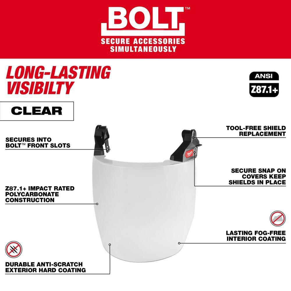 BOLT FULL FACE SHIELD - CLEAR DUAL COAT LENS COMPATIBLE WITH MILWAUKEE SAFETY HELMET NO BRIM 