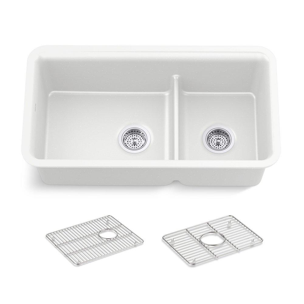 KOHLER Matte White 33-1/2 x 18-5/16 in. No-Hole Neoroc Double Bowl Undermount Kitchen Sink 