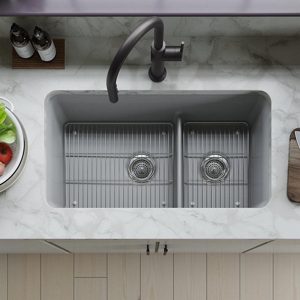 KOHLER Matte White 33-1/2 x 18-5/16 in. No-Hole Neoroc Double Bowl Undermount Kitchen Sink 