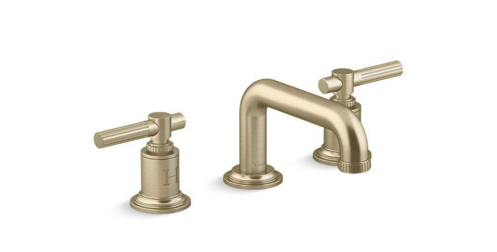 CENTRAL PARK WEST SINK FAUCET LOW SPOUT LEVER HANDLES BRUSHED FRENCH GOLD FINISH 