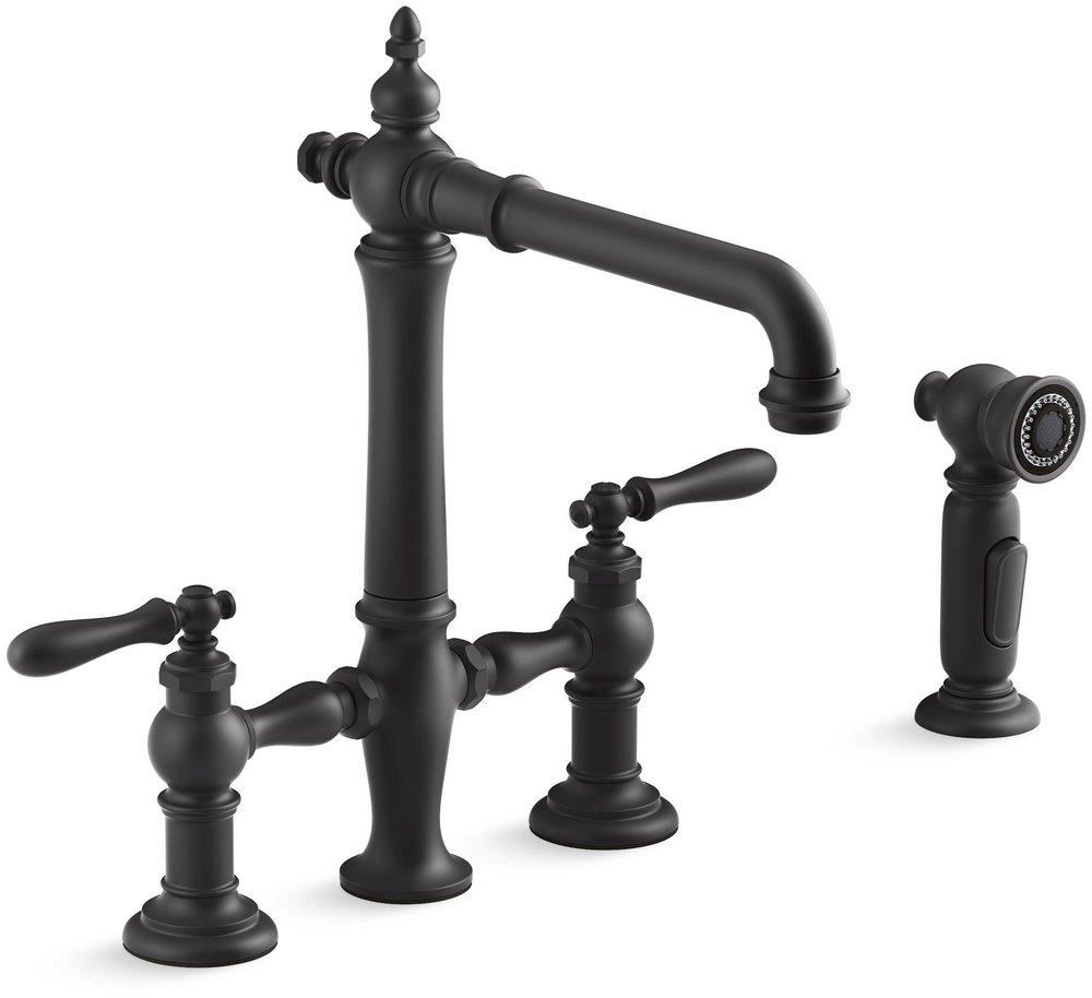 KOHLER Matte Black Two Handle Bridge Kitchen Faucet 