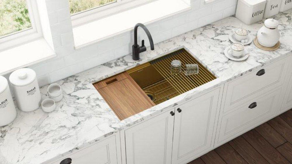Ruvati Matte Gold 33 x 19 in. No Hole Stainless Steel Single Bowl Undermount Kitchen Sink 