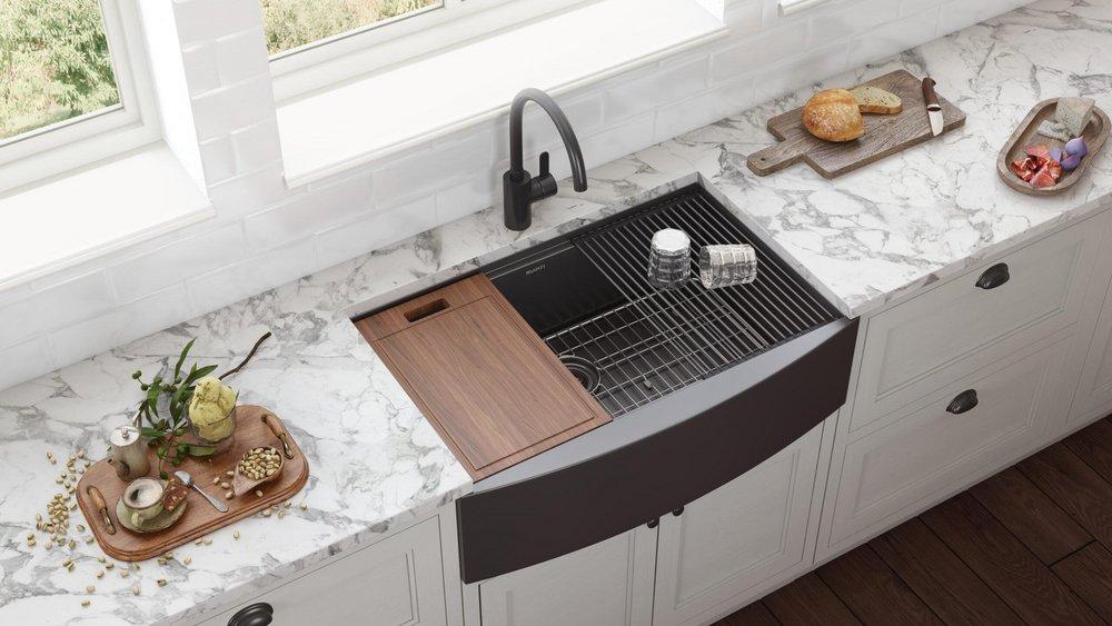 33 GUNMETAL BLACK WORKSTATION APRON-FRONT STAINLESS STEEL KITCHEN SINK 