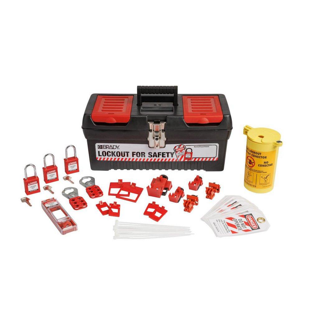 Electrical Lockout Tagout Kit with Nylon Safety Padlocks in Portable Toolbox in Red 