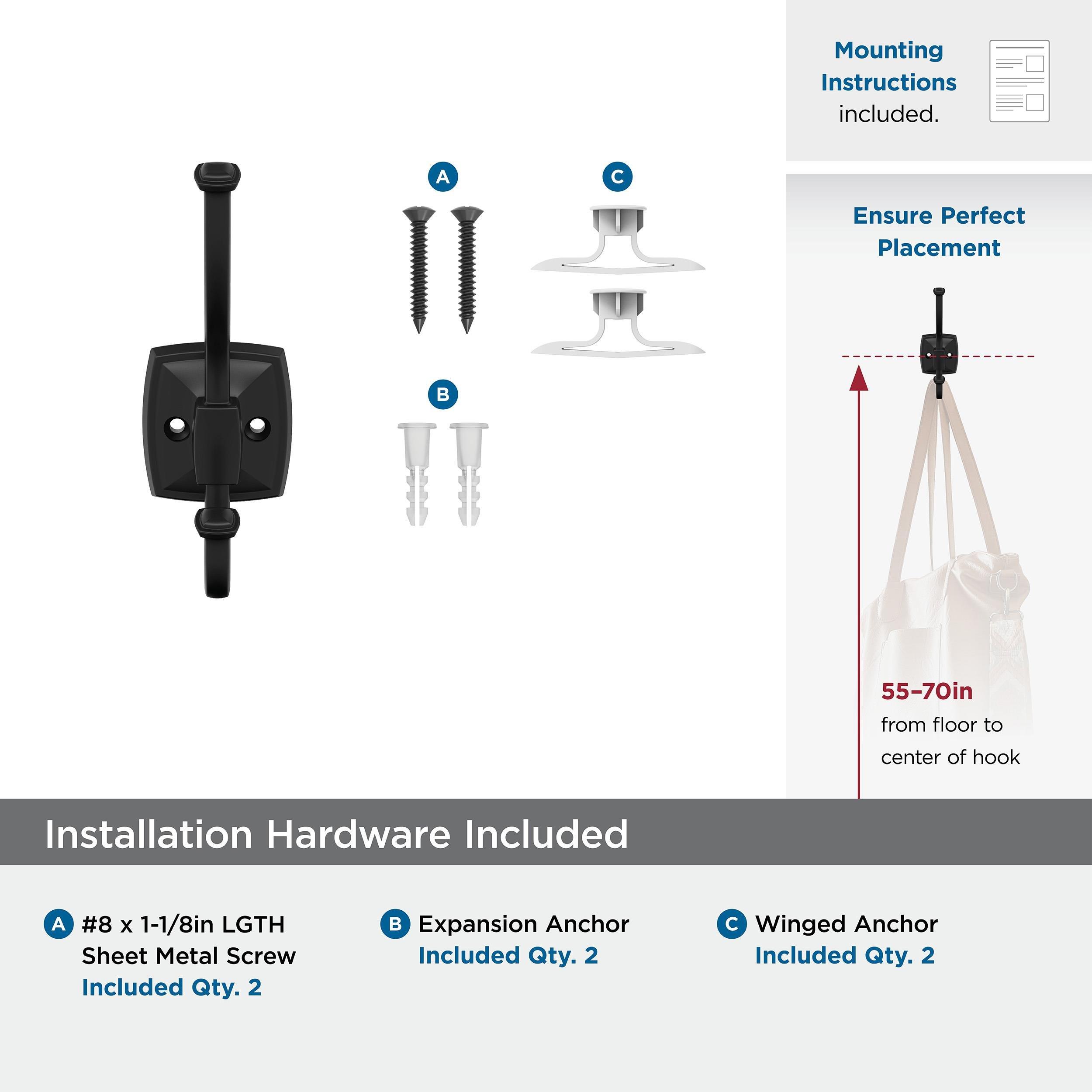 KINSALE TRANSITIONAL DOUBLE PRONG MATTE BLACK WALL HOOK 