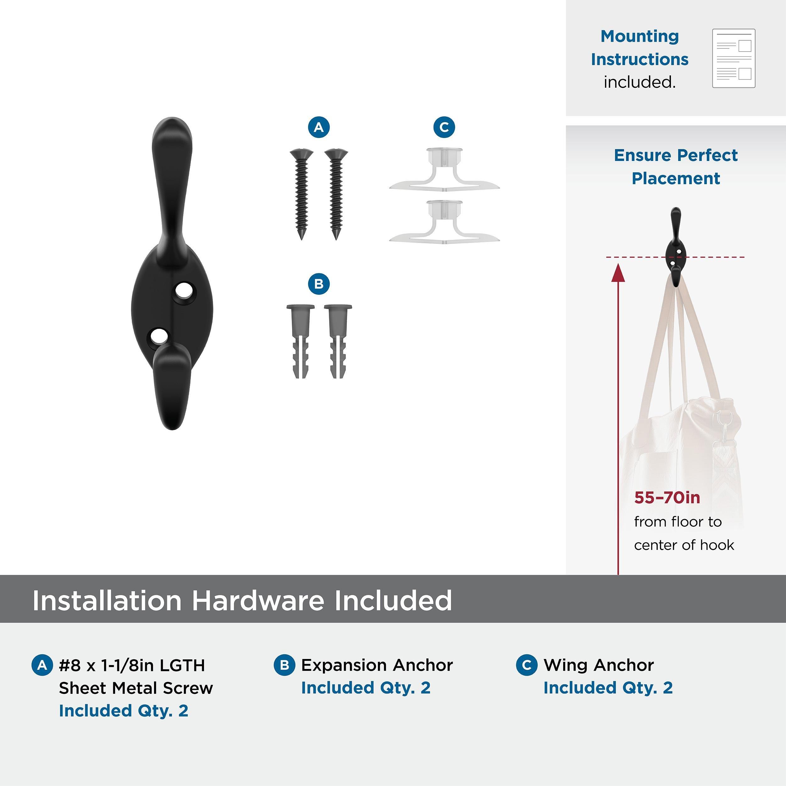 NOBLE TRADITIONAL DOUBLE PRONG MATTE BLACK WALL HOOK 