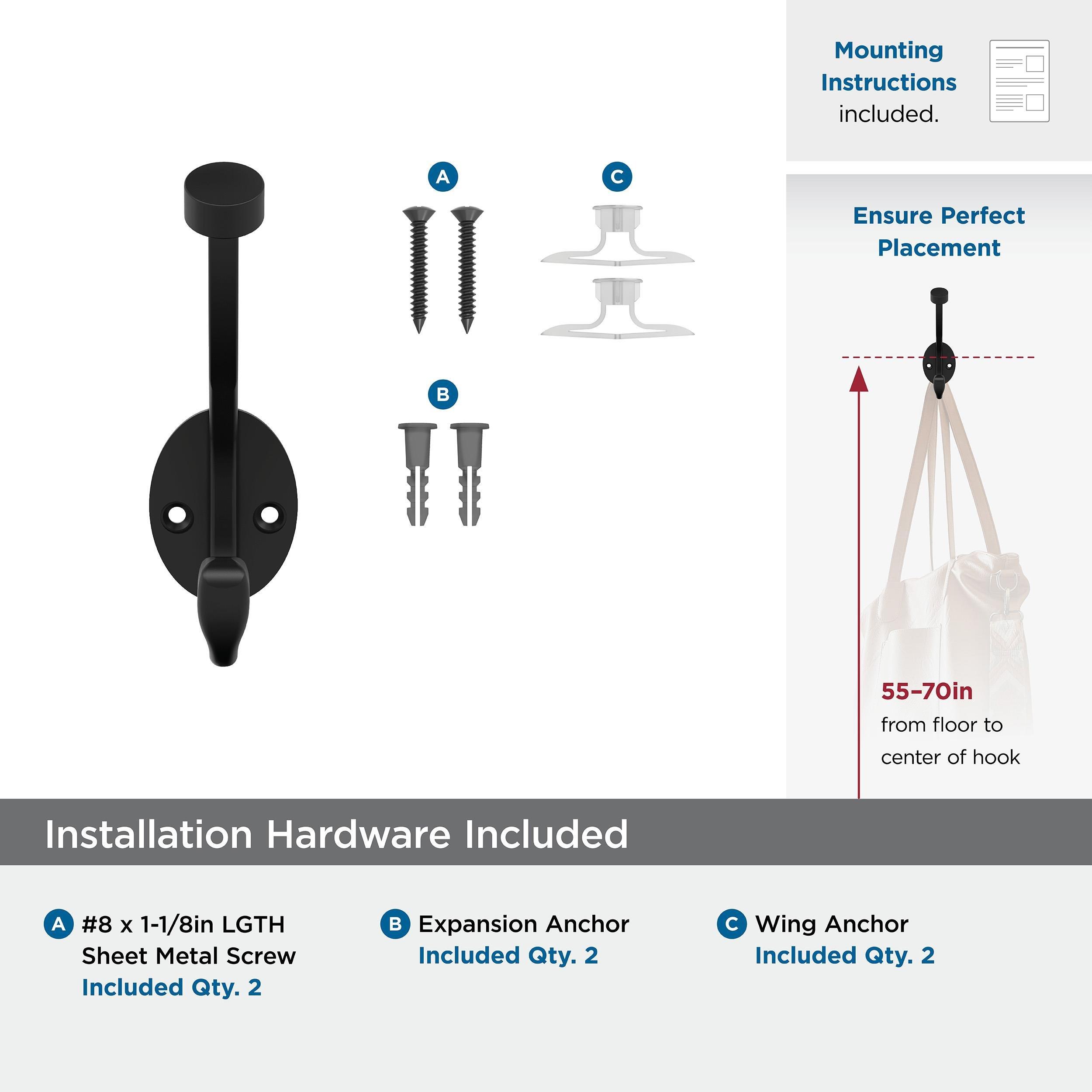 ADARE TRADITIONAL DOUBLE PRONG MATTE BLACK WALL HOOK 